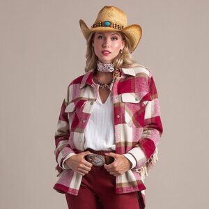 U13 - Umgee Magenta Flannel Shacket with Fringe on Sleeves